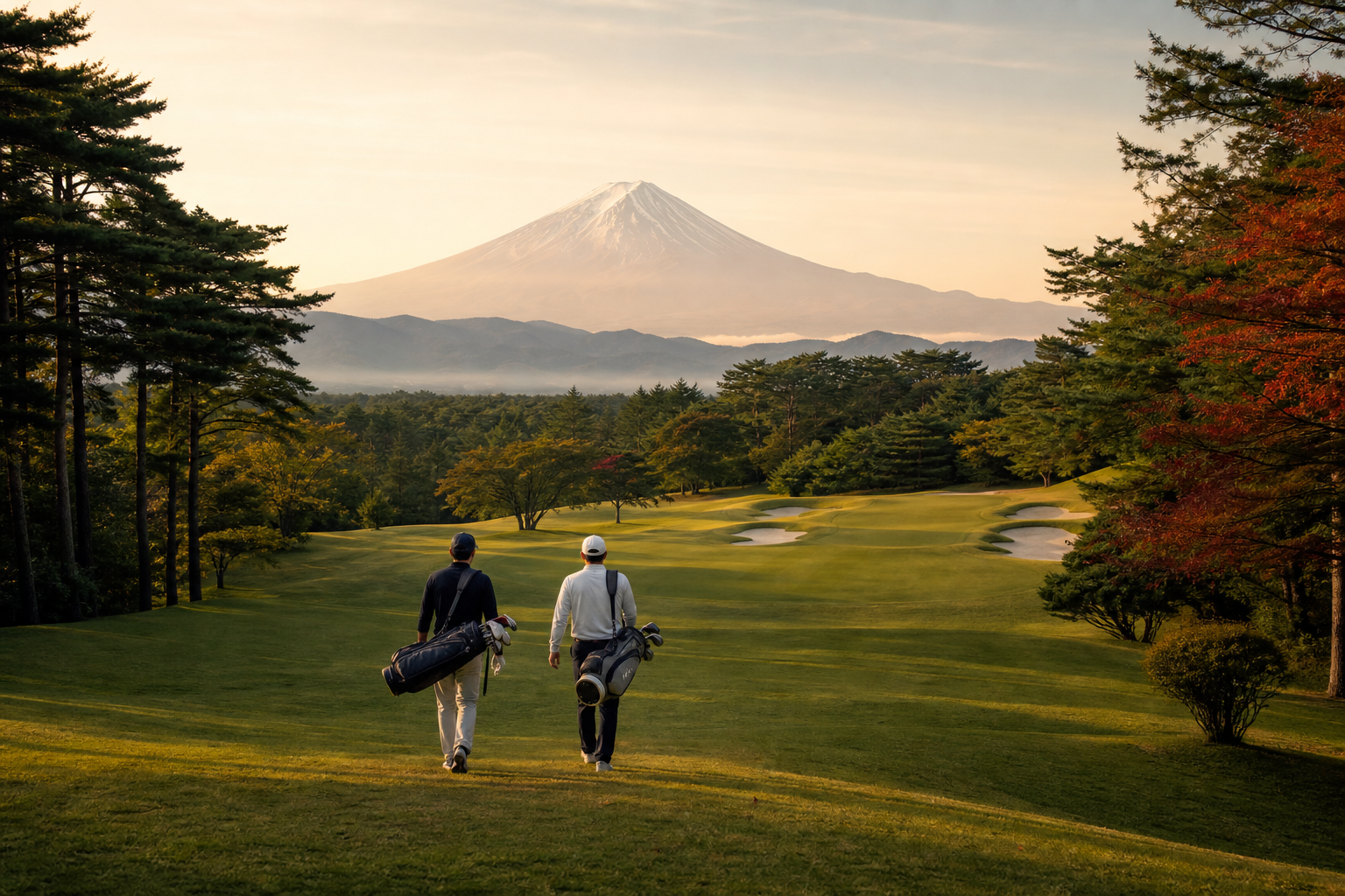 Golfers walking a Japanese championship course with Mount Fuji in the distance